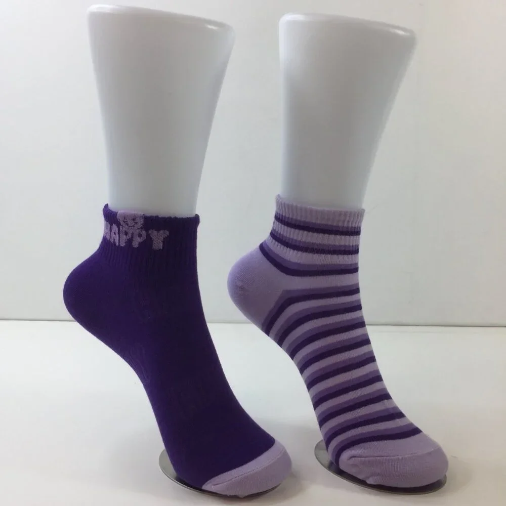 Womens Ankle Socks 2 Pack Happy Striped Design Cute Purple